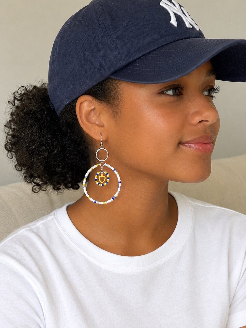Handcrafted BOHO style Yellow White Glass Beaded Hoop Earrings  2.5in